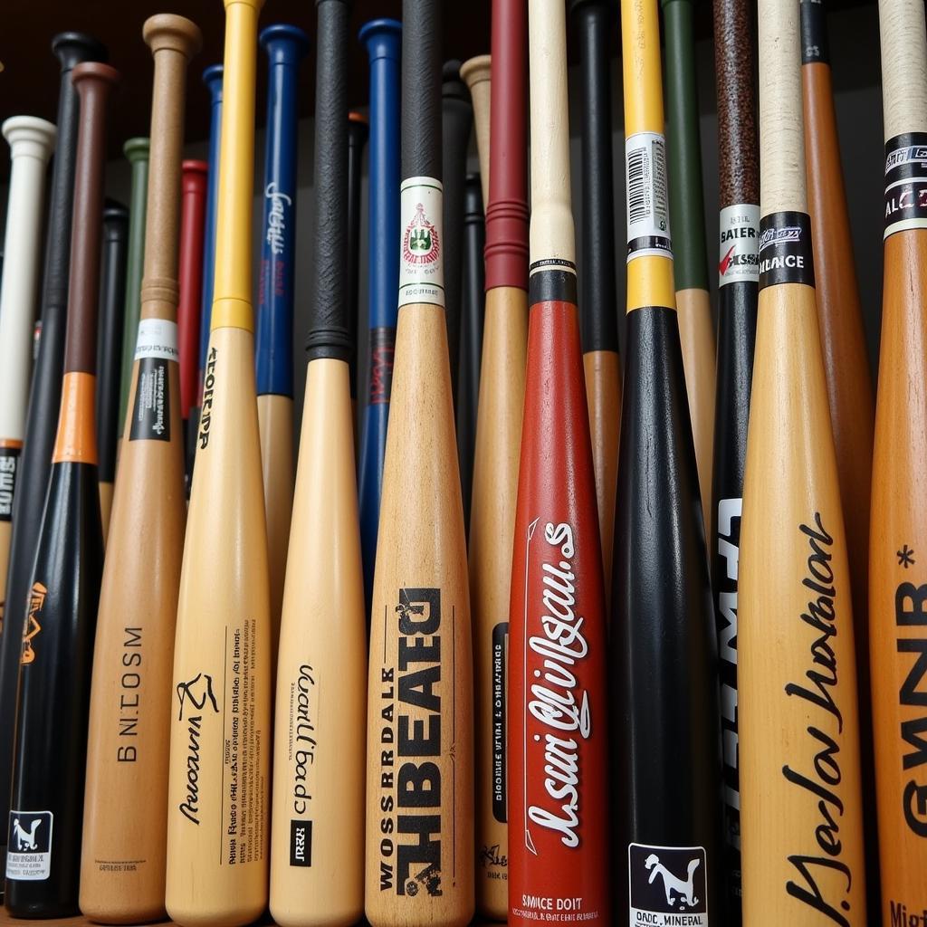 A variety of baseball bats are displayed in a sporting goods store.