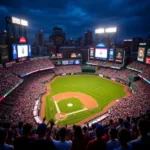 Fans celebrating in a city with a baseball stadium in the background