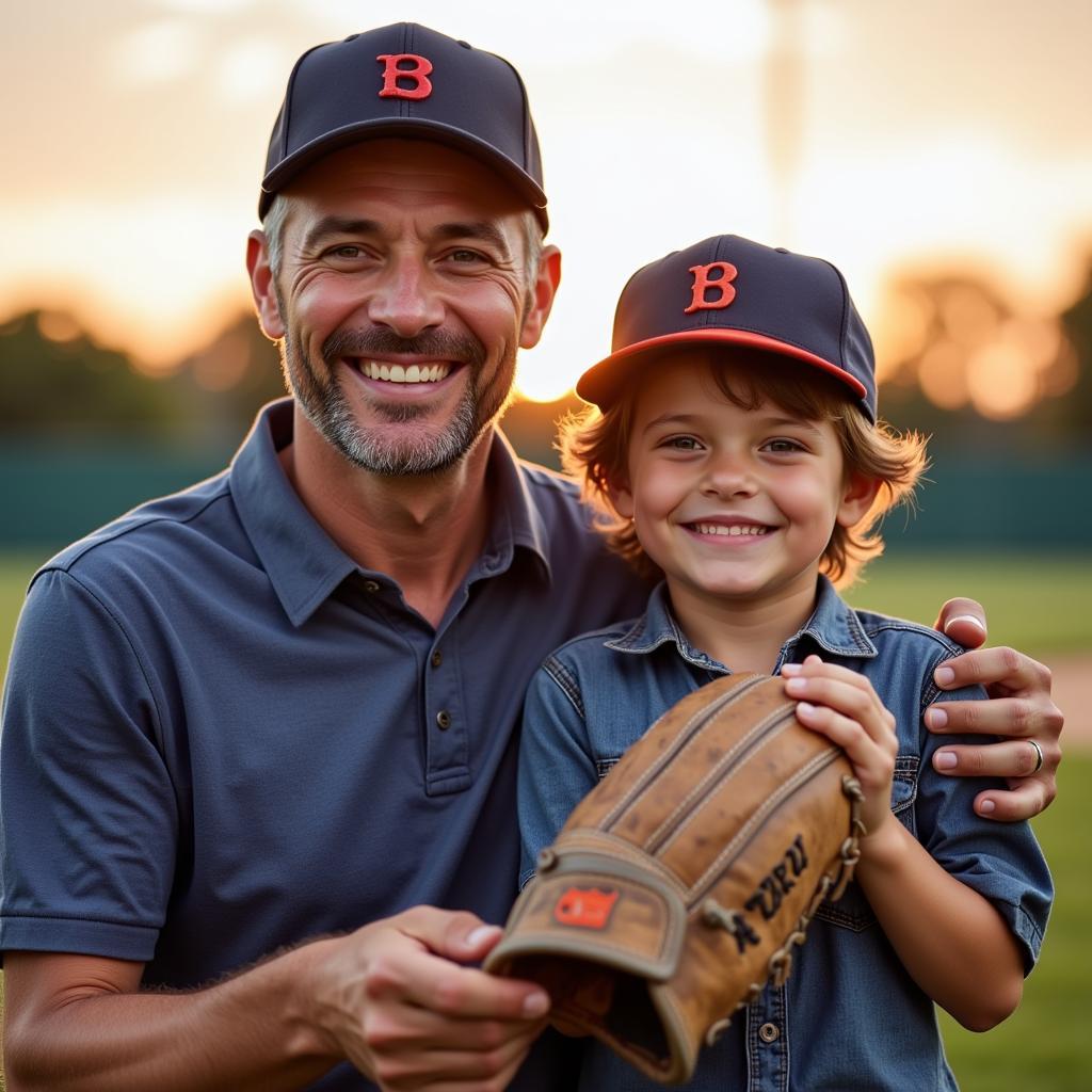 Baseball dad with his son holding a glove and wearing a matching hat