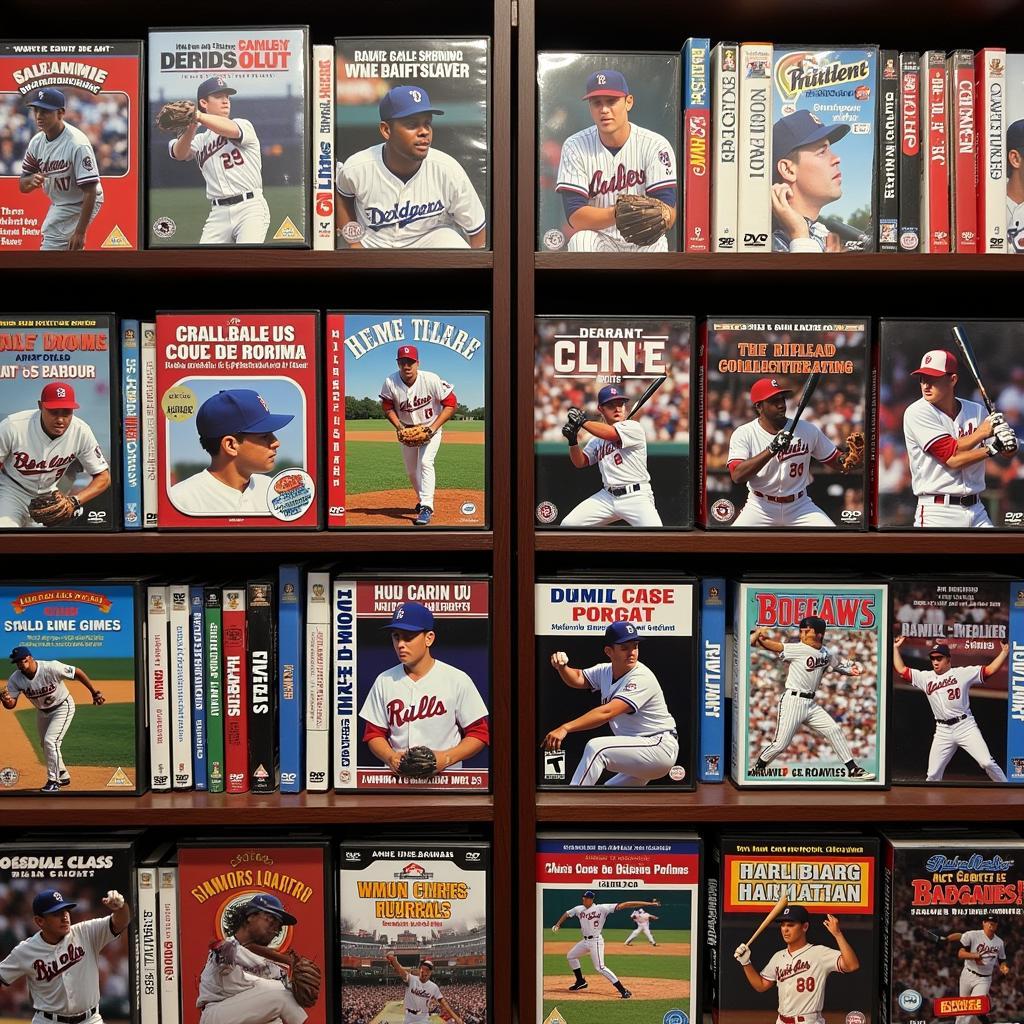 Diverse Collection of Baseball DVDs on a Shelf