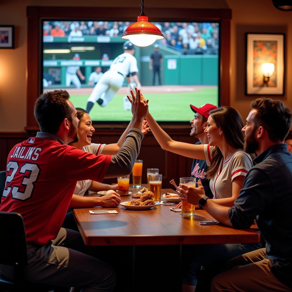 Group of friends cheering while watching baseball at a sports bar