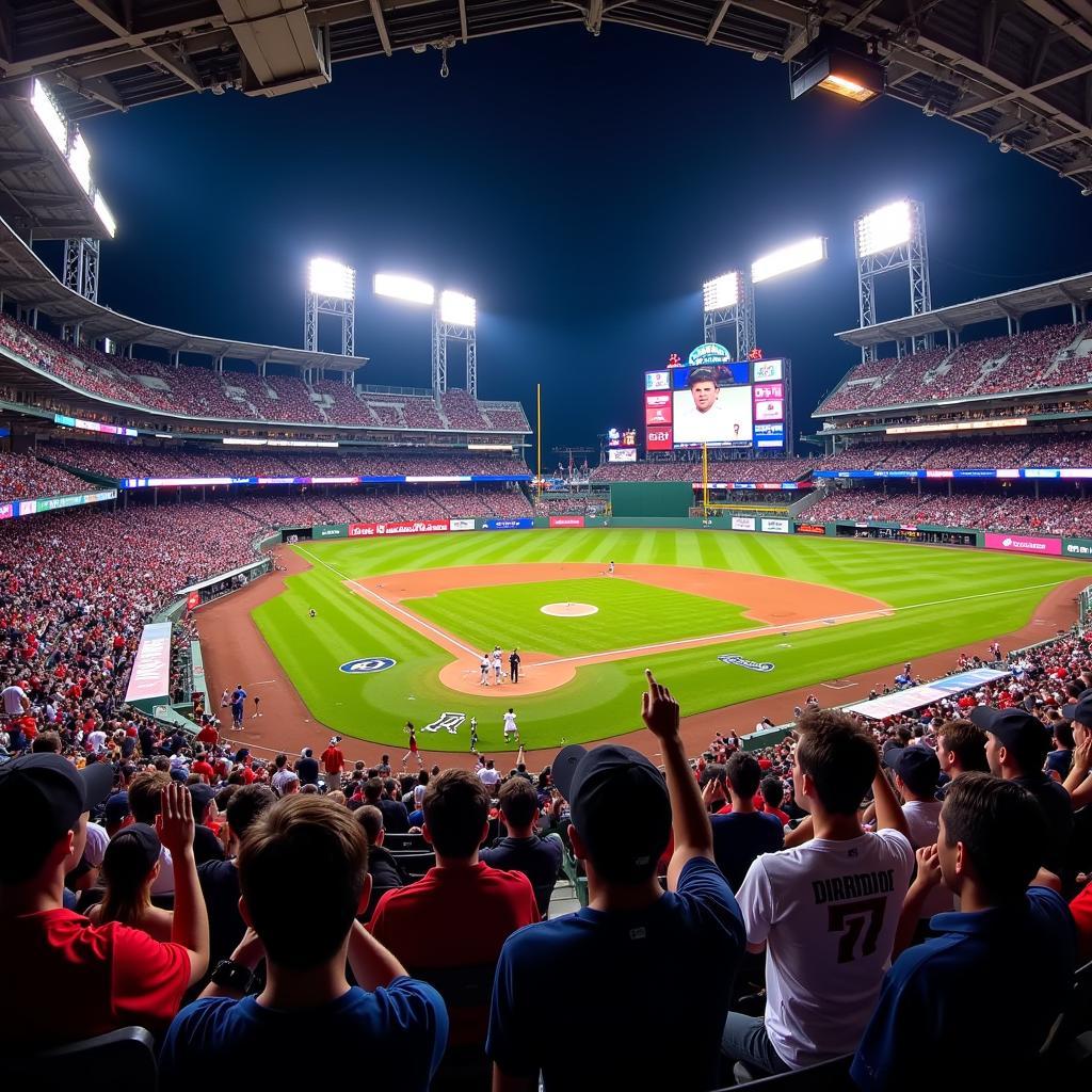 Baseball fans cheering for their team in a packed stadium