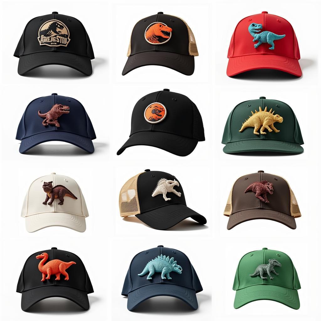 Different baseball hat styles featuring dinosaur motifs.