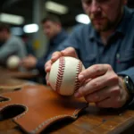 An MLB baseball being manufactured