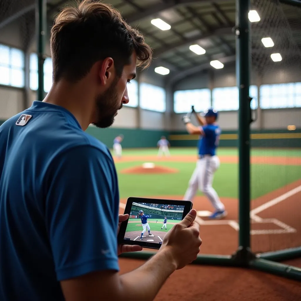 Baseball Player Analyzing Swing at Indoor Batting Cage