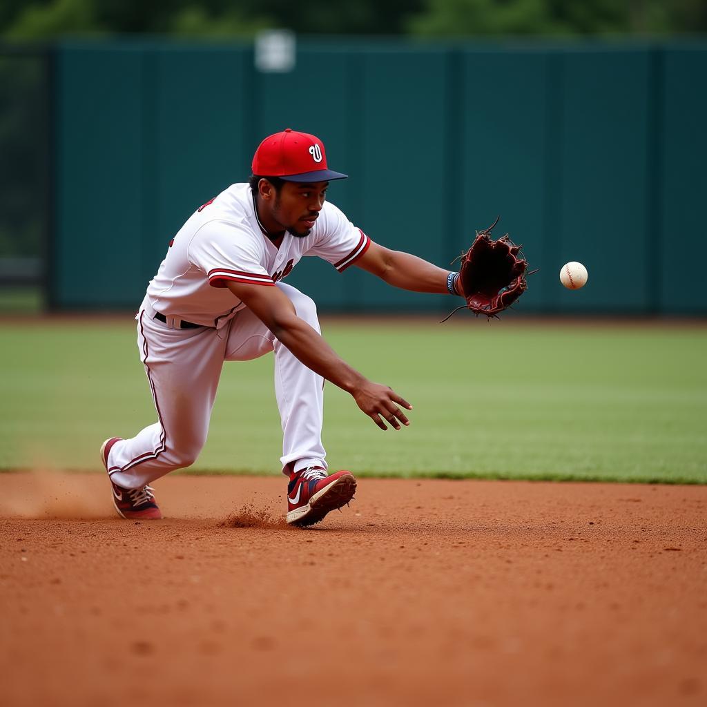 Baseball player makes a diving catch on a baseball field