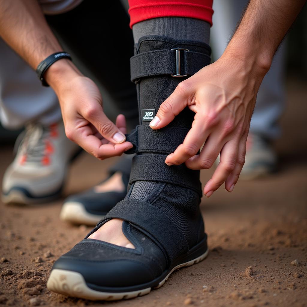  Baseball Player Putting on Ankle Brace 