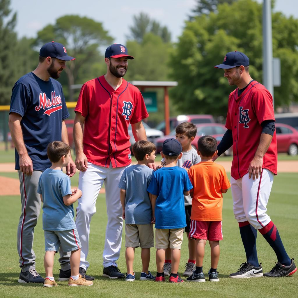 Baseball players participating in a community event with children