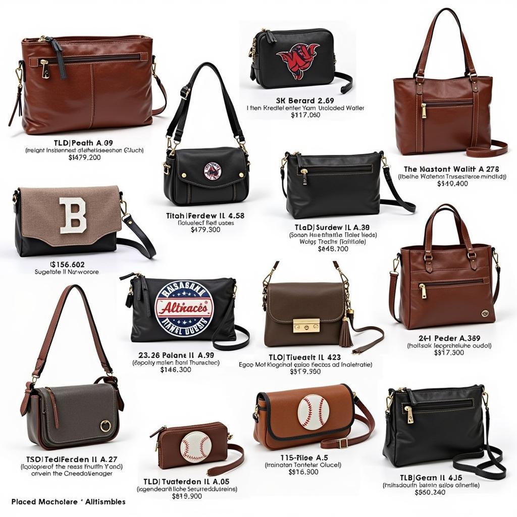 Variety of baseball purses showcasing different styles and sizes.