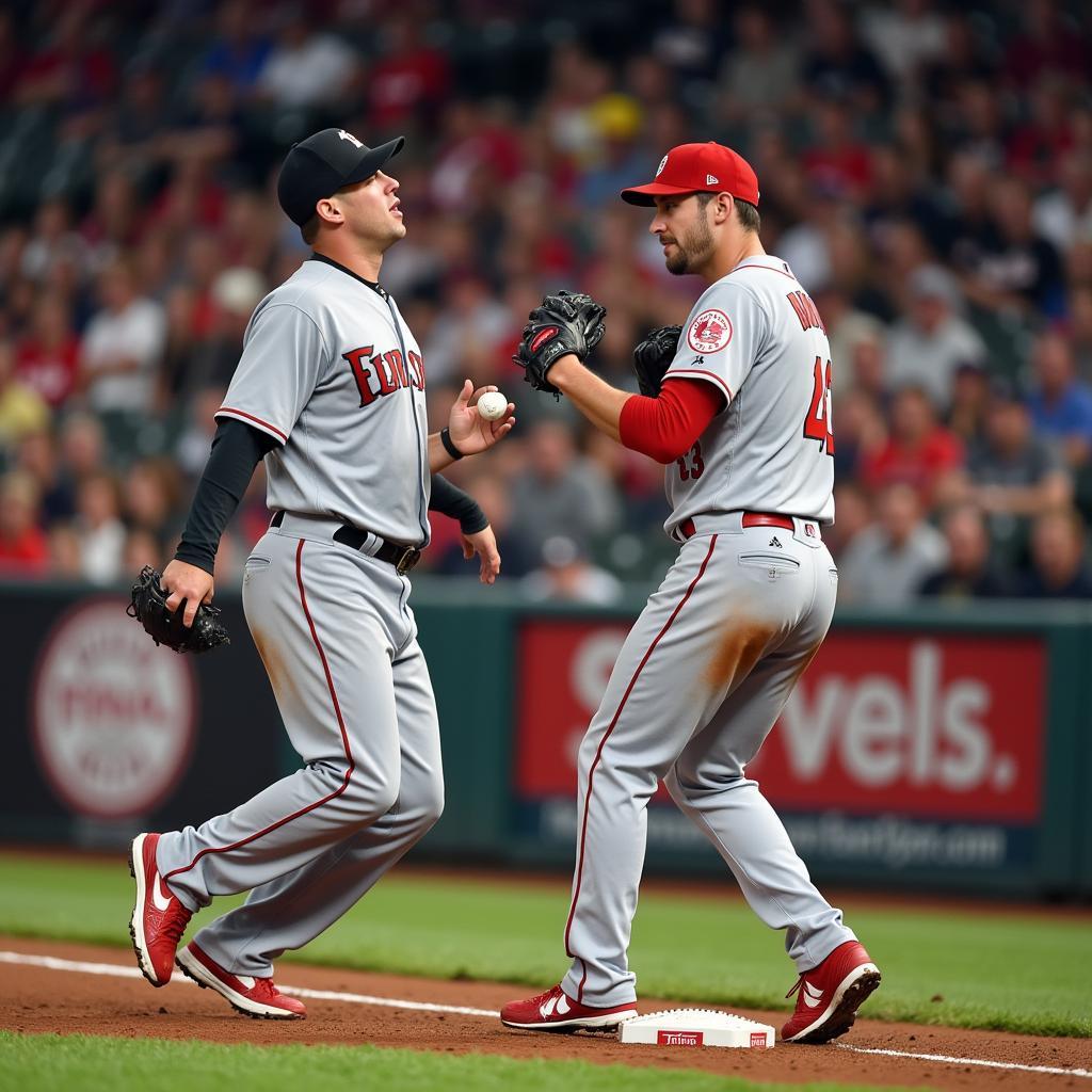 A close-up shot of two players from rival teams, faces locked in intense competition during a crucial moment in the game.