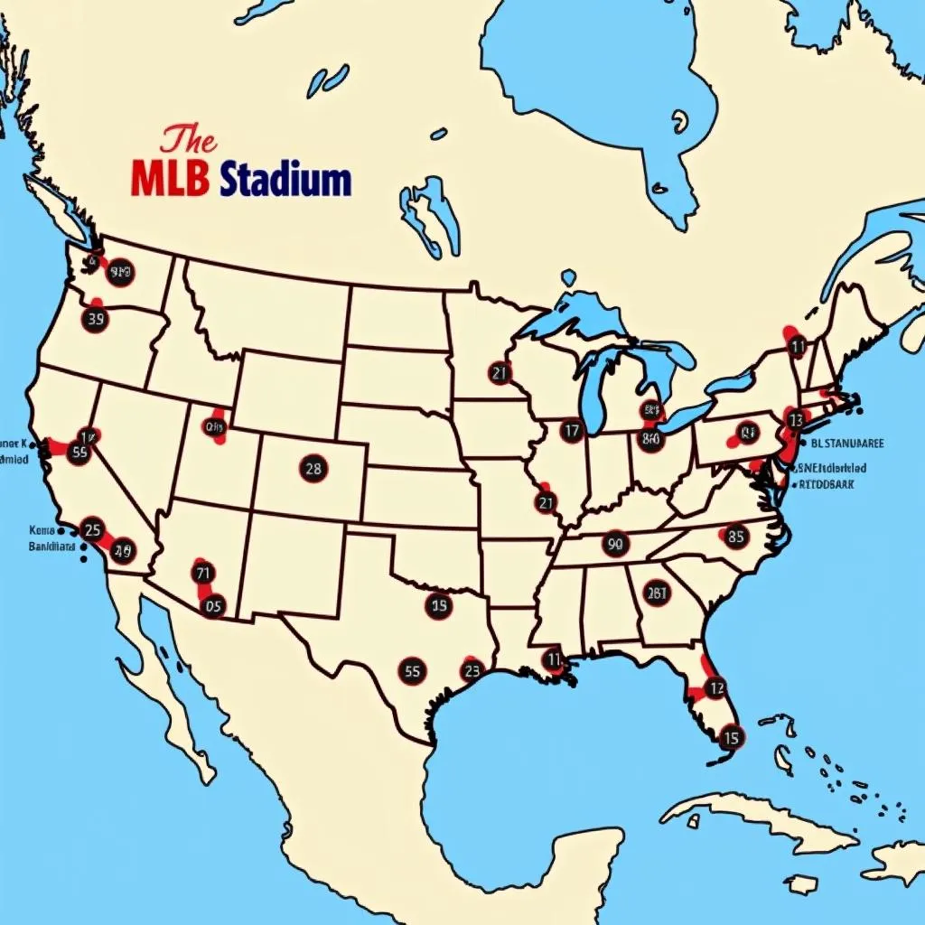 A map illustrating a potential baseball road trip route across the USA, highlighting key MLB stadiums and landmarks.