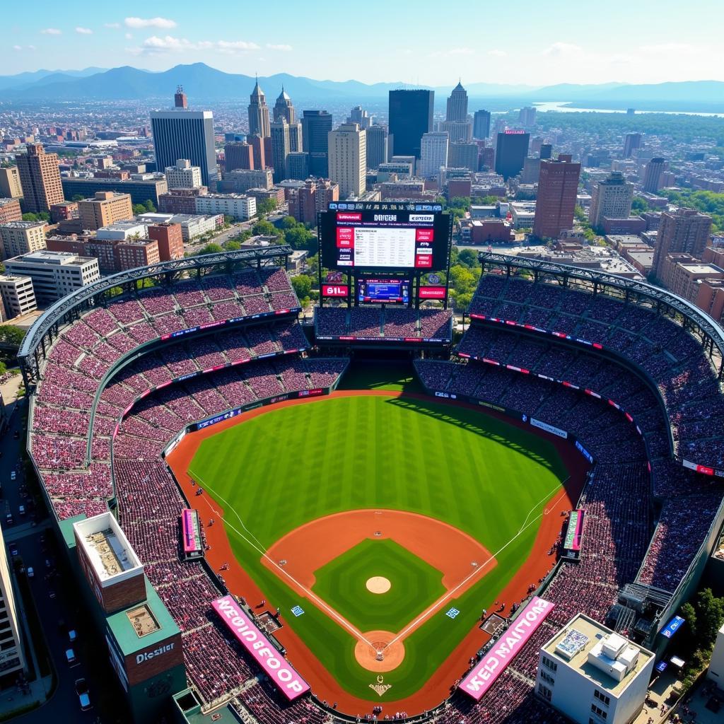 An aerial view of a bustling baseball stadium on game day