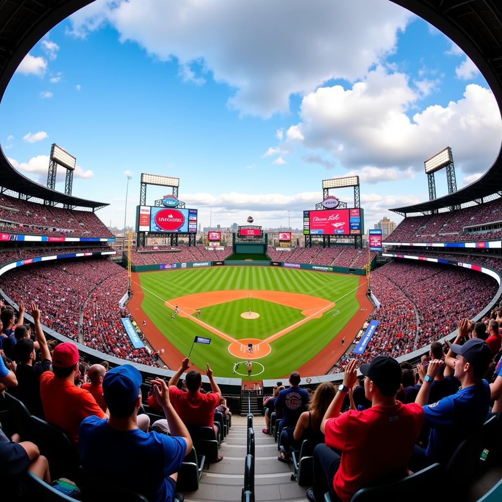 A baseball stadium filled with cheering fans