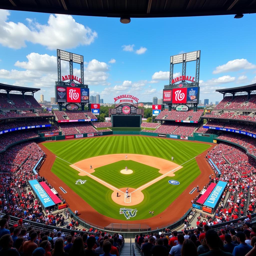 Baseball teams playing in a packed stadium