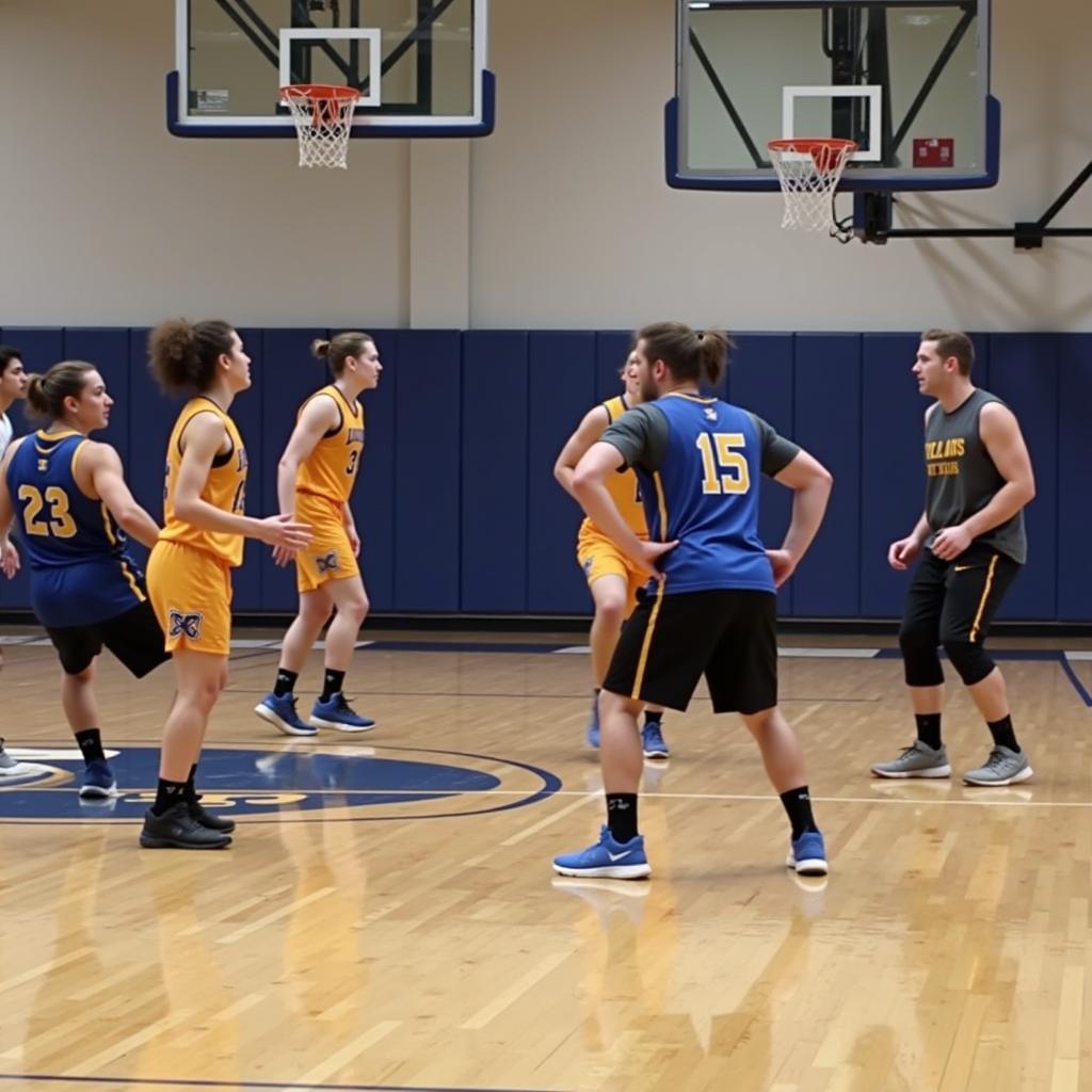 Basketball team practicing defensive drills