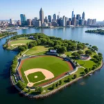 Aerial view of Battery Park Ball Fields with city skyline