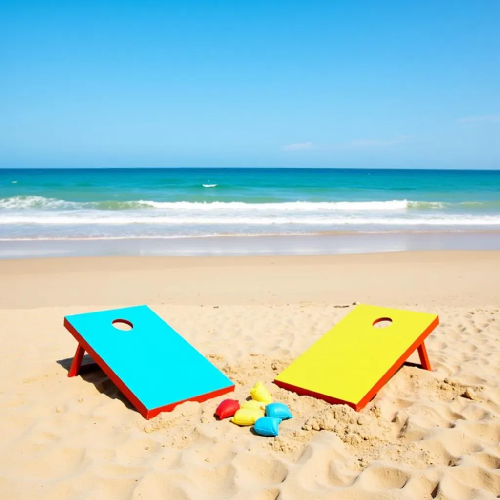 Beach cornhole boards set up on a sandy shore