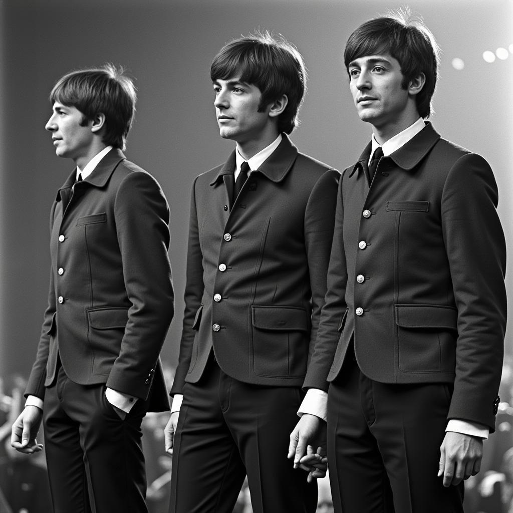 The Beatles wearing the iconic green jackets at Shea Stadium