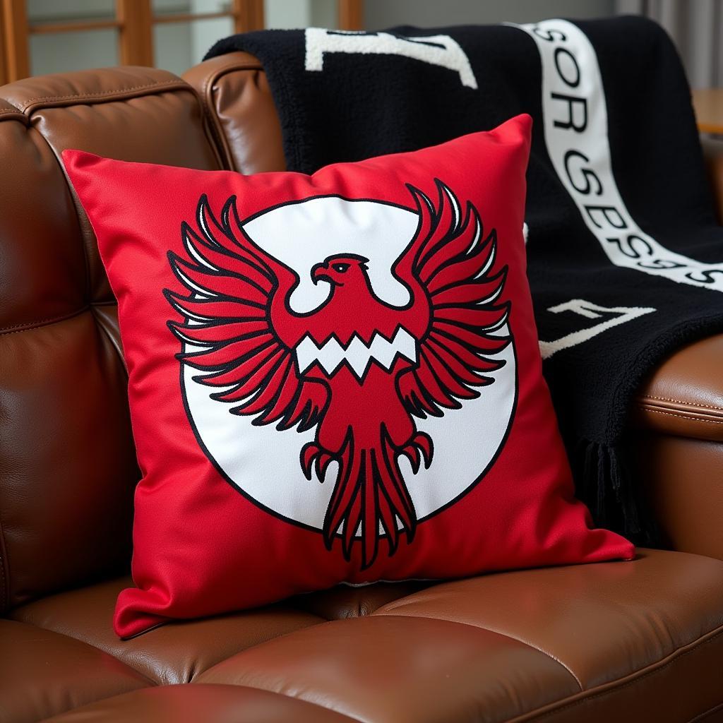 Beşiktaş 12x12 pillow resting on a leather couch with a Beşiktaş blanket draped over the armrest