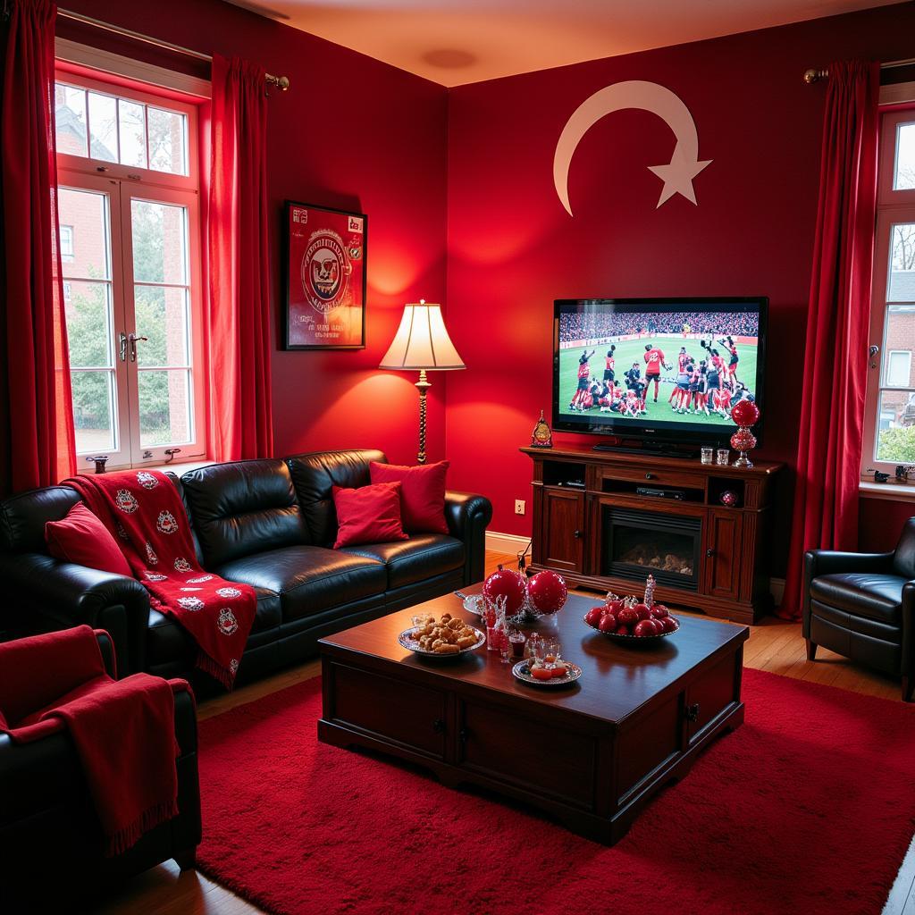 An apartment decorated with Besiktas flags and 16-inch balloons for a watch party.