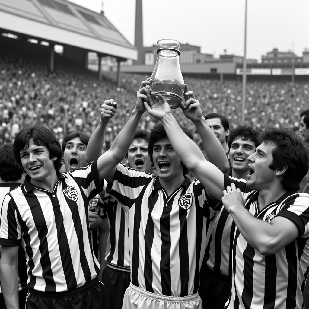 Beşiktaş players celebrating with the 1974 derby glass