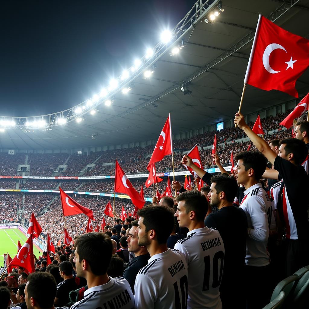 Besiktas fans waving flags and banners in the stands during a 2014 Europa League match