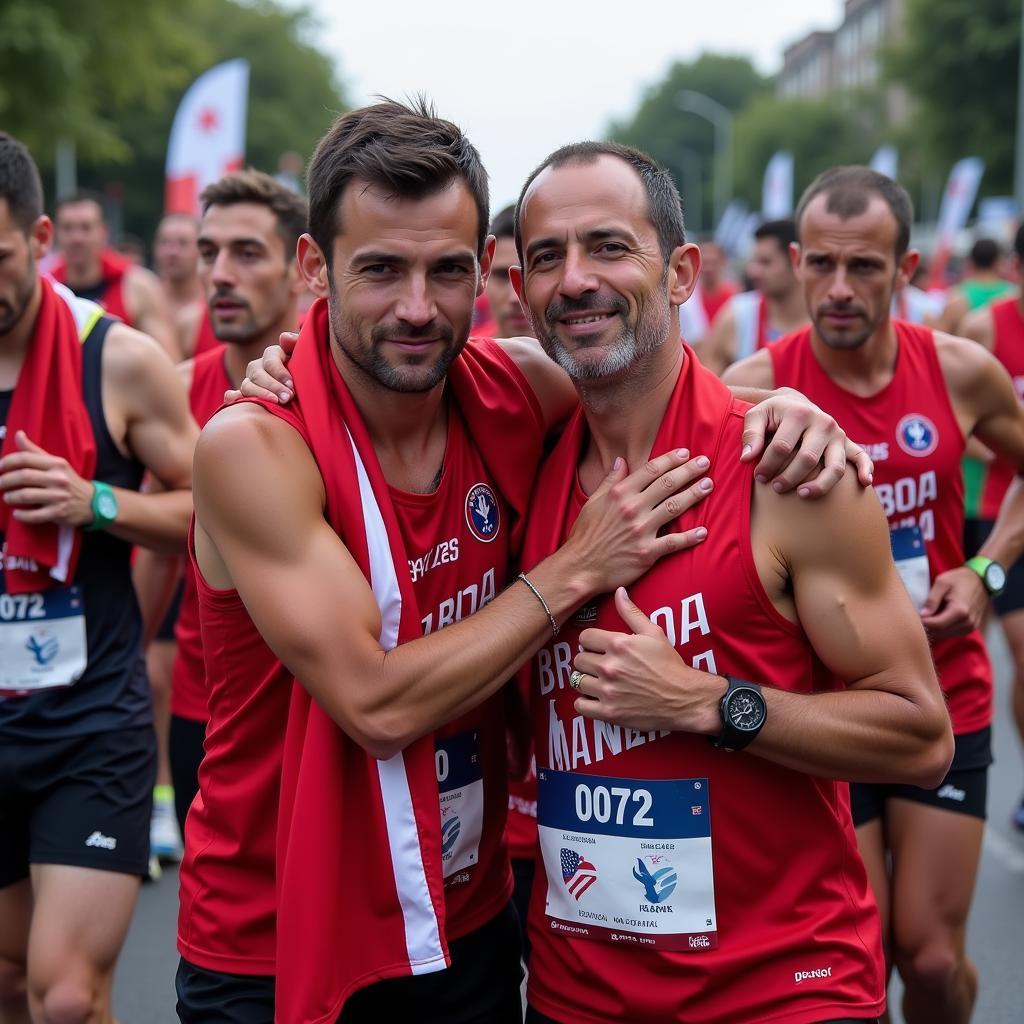 Exhausted but elated runners celebrate at the finish line of the Besiktas 5k.