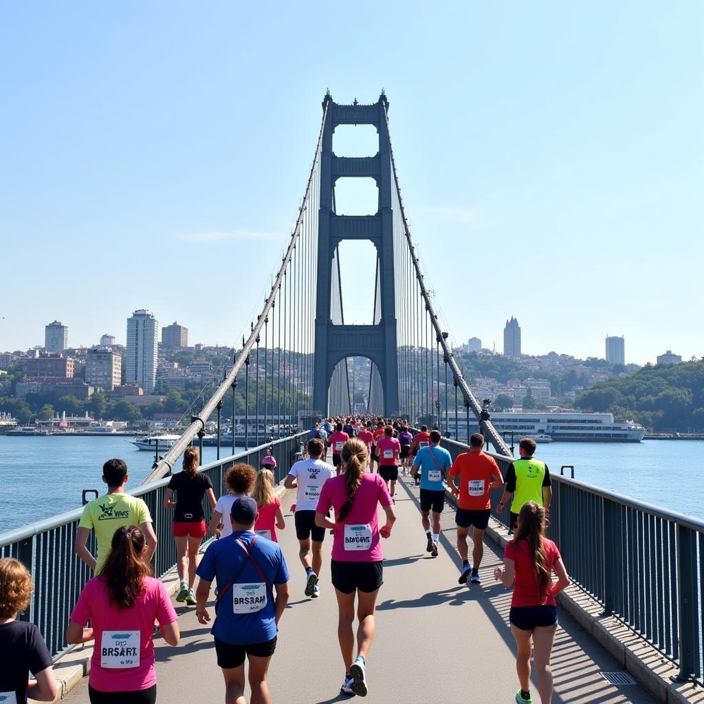 Runners cross the Bosphorus Bridge during the Besiktas 5k.