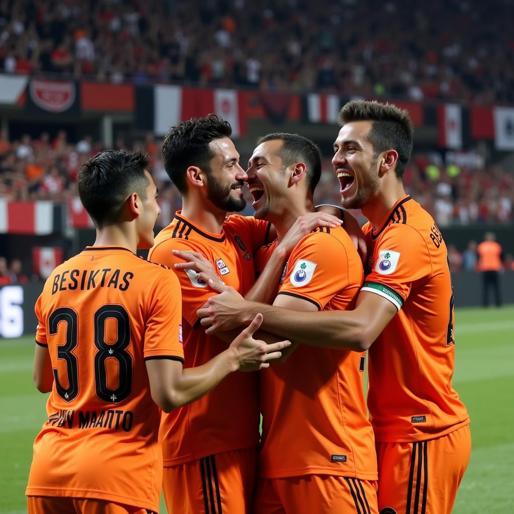 Besiktas players celebrating a goal in their orange away kit