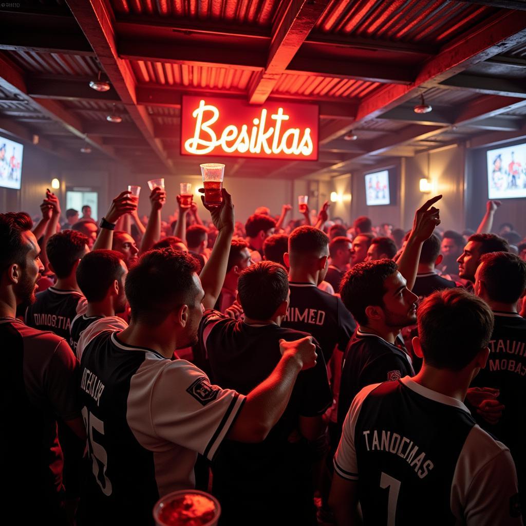 Interior View of a Busy Besiktas Bar with Fans in Black and White Jerseys