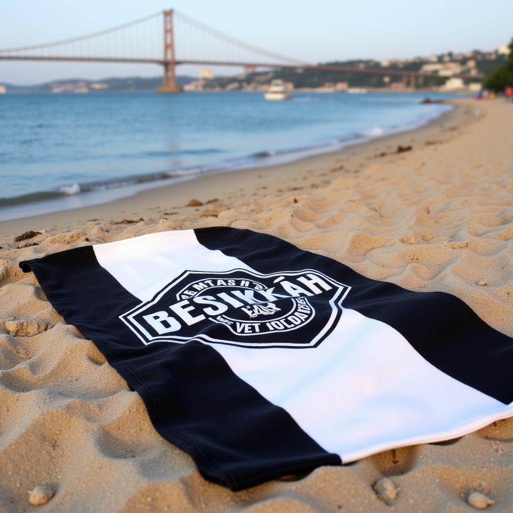 Black and white striped Beşiktaş beach towel spread out on a sandy beach with the Bosphorus Bridge in the background