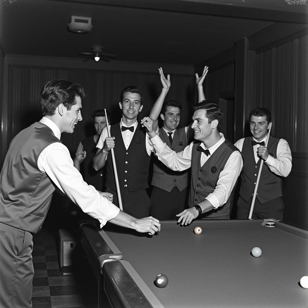 Black and white photo of Besiktas billiards players celebrating victory