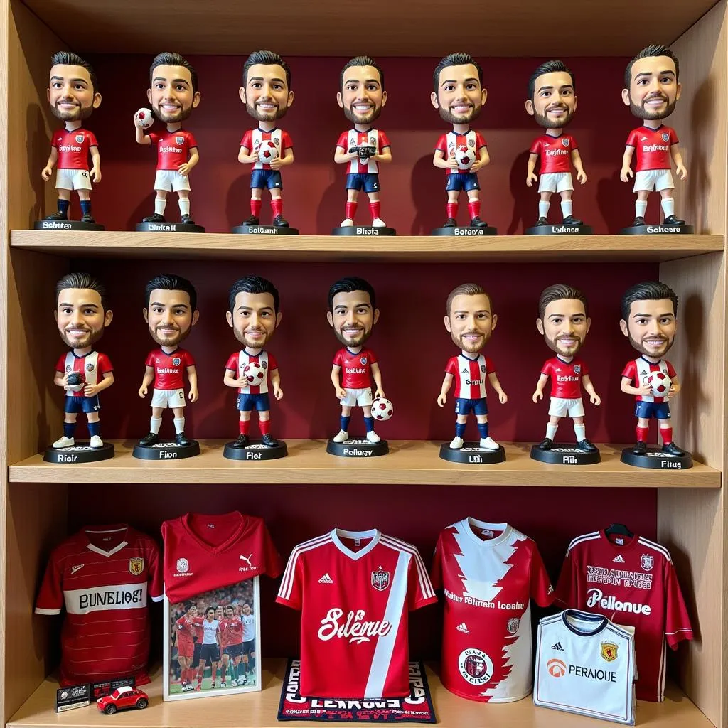 A variety of Beşiktaş bobbleheads displayed on a shelf with other memorabilia