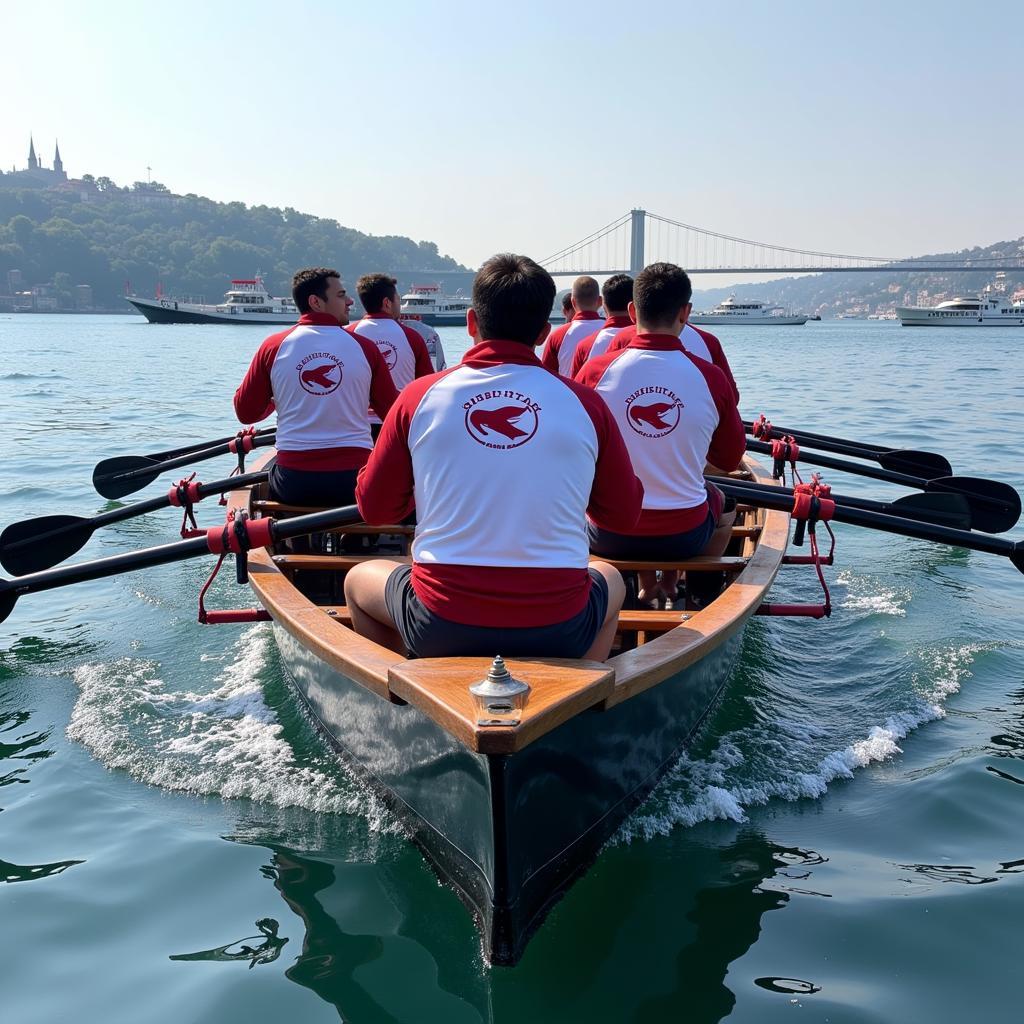 Beşiktaş Caique Team Rowing on the Bosphorus with the "Cap Shark" Emblem Displayed