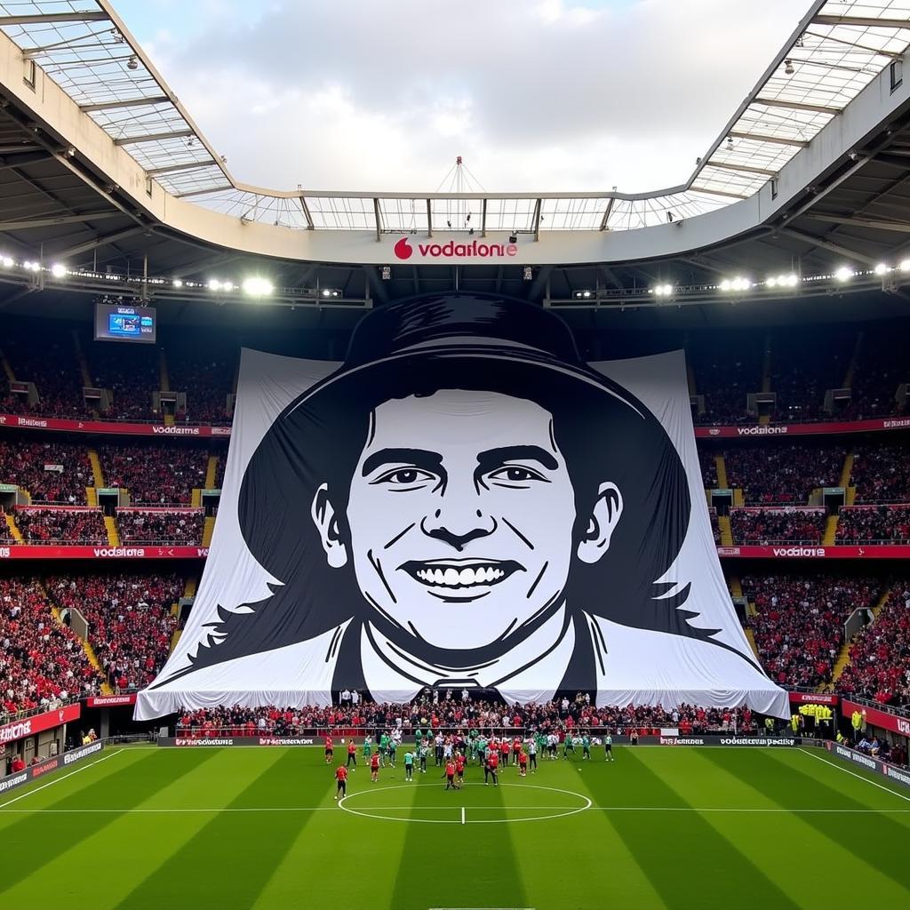 A massive tifo of Dan Conner displayed by Besiktas Çarşı supporters during a match