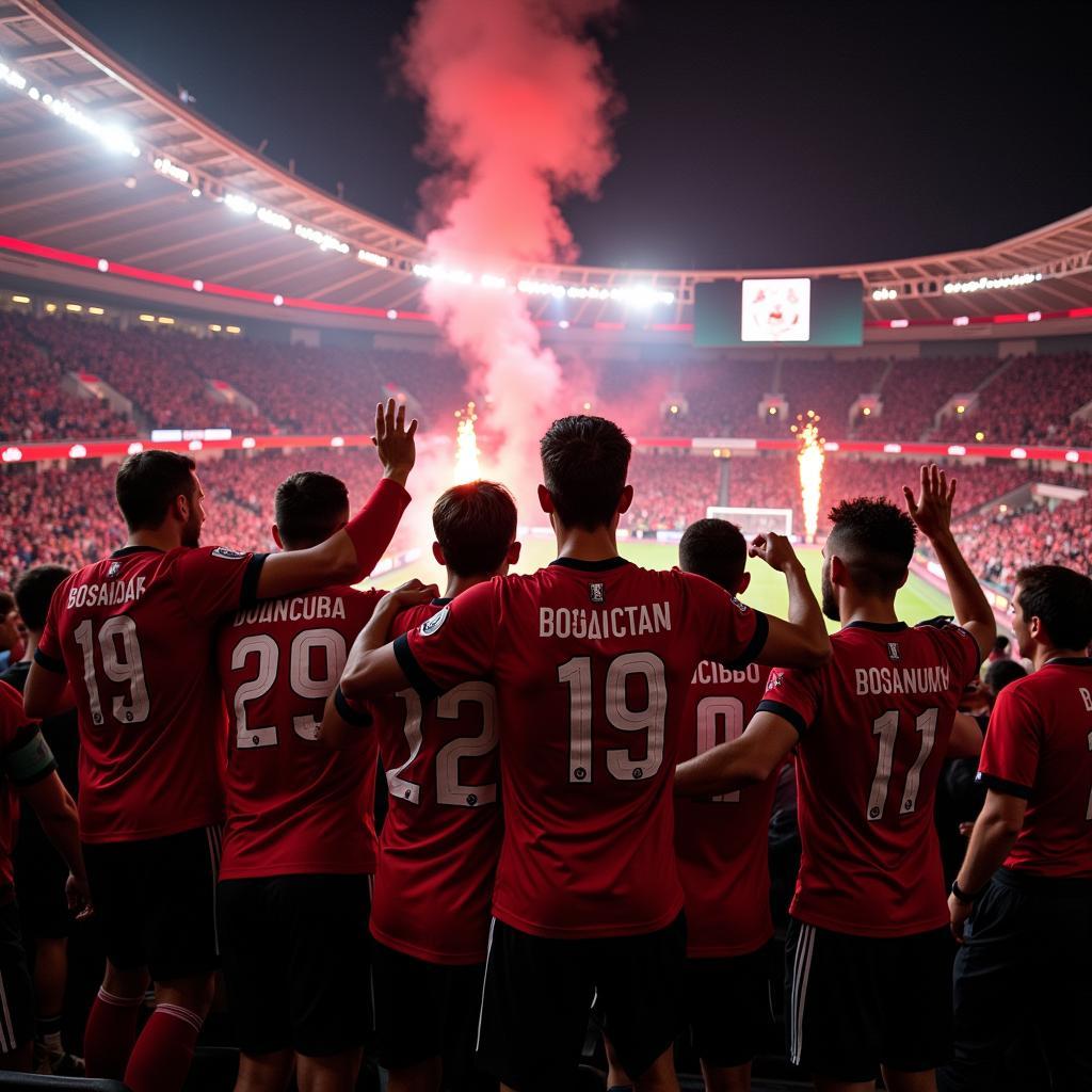 Beşiktaş players celebrating a victory with fans on a Champions League night at Vodafone Park