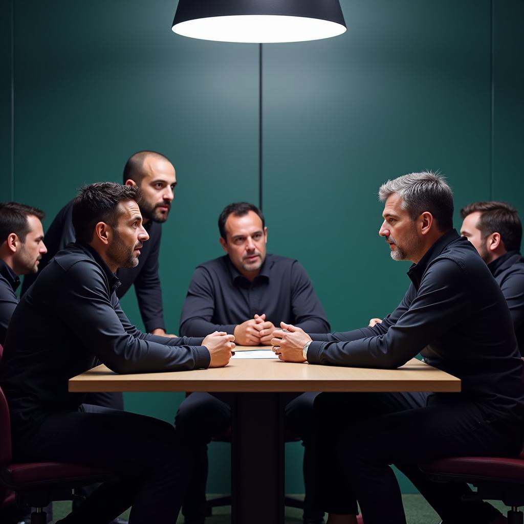 Besiktas' coach and his staff discussing strategies and player selection.