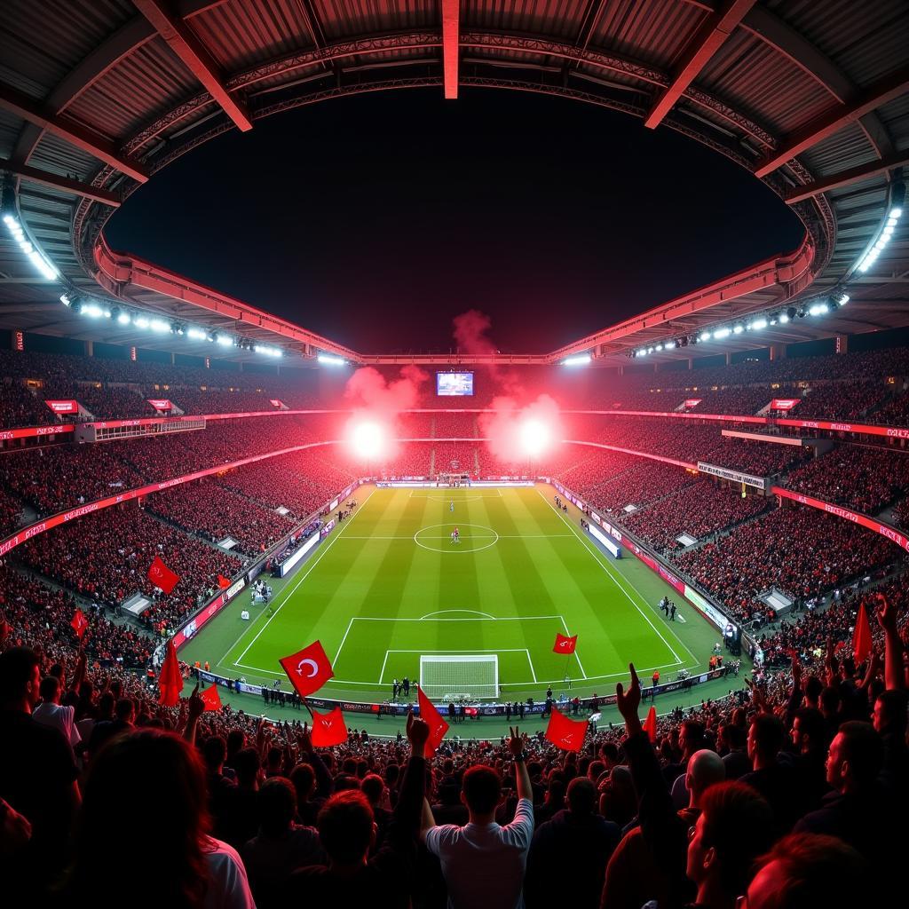 Besiktas fans lighting flares during a European night