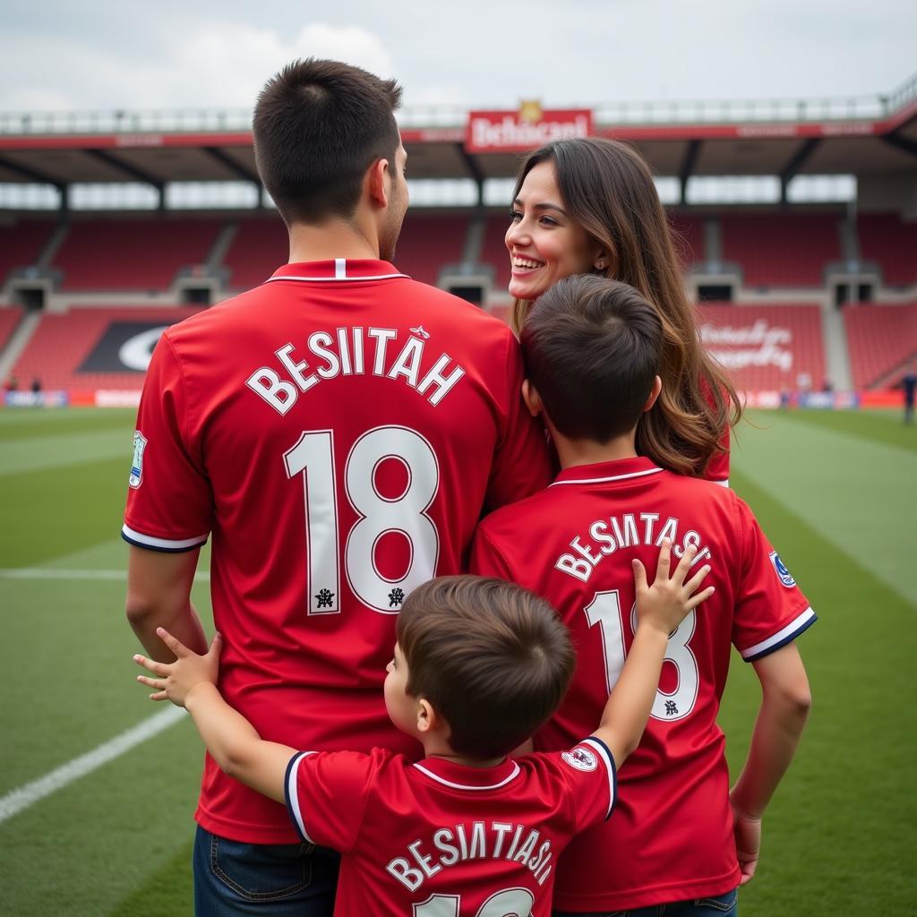 A family wearing matching personalised Beşiktaş t-shirts.