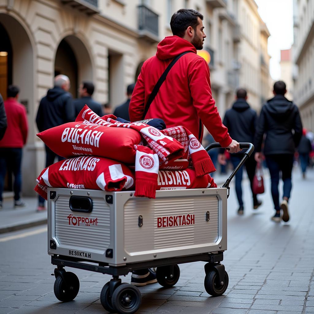 Beşiktaş fan pulling an aluminum wagon filled with fan gear