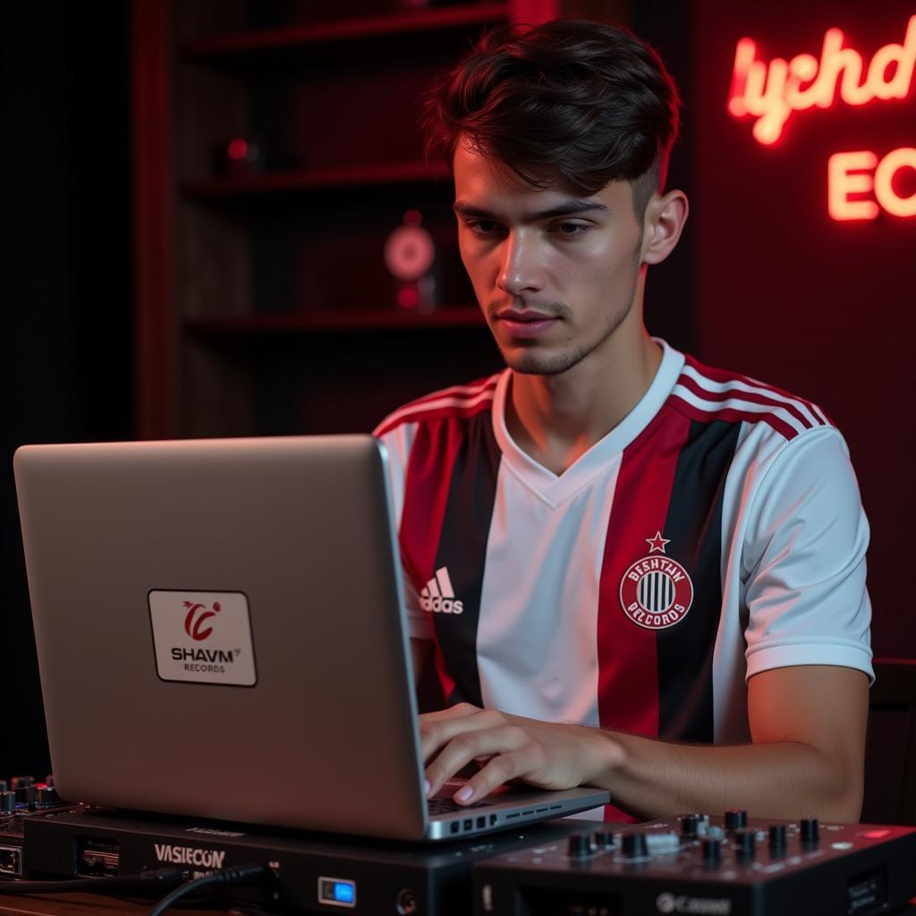 A Beşiktaş fan producing music with a "Shawn Records" sticker on his laptop