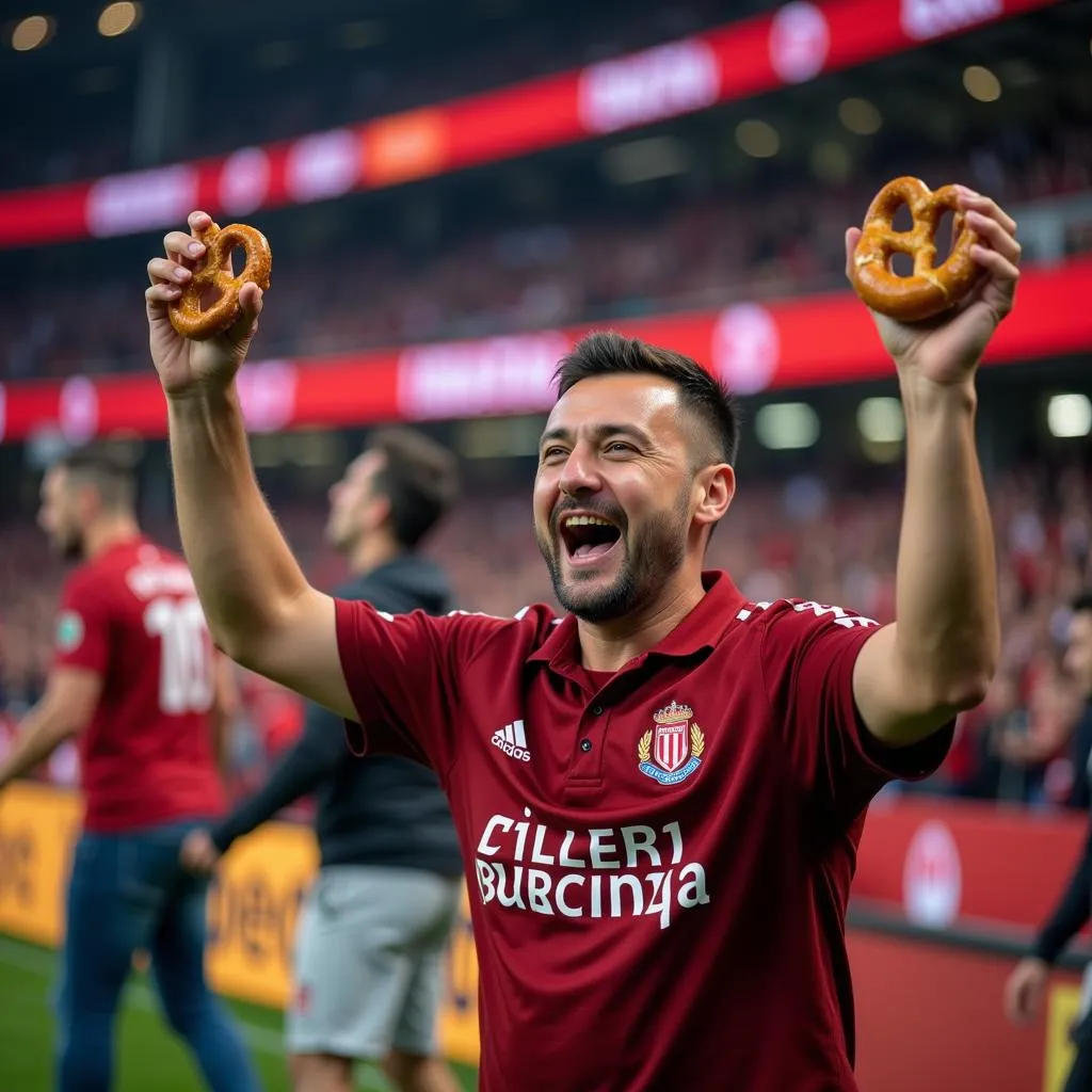 Besiktas fan enjoying a pretzel while celebrating a goal