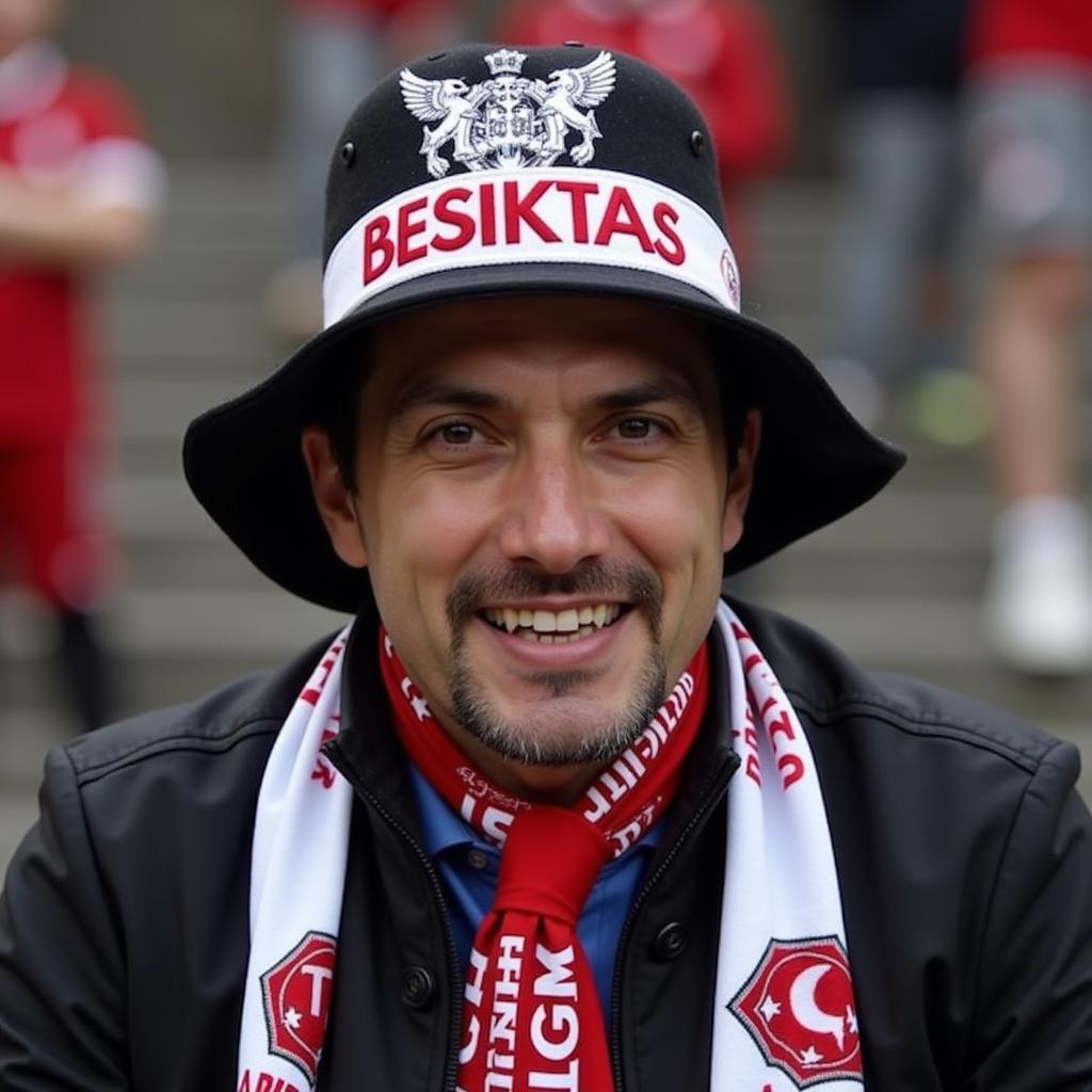 A close-up of a Besiktas fan wearing a Gallagher hat adorned with club colors and emblems, paired with a Besiktas scarf.