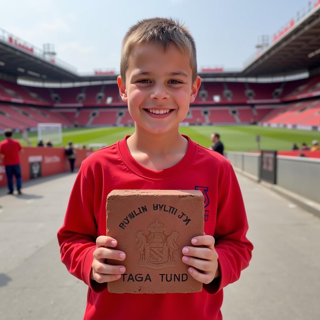 A Beşiktaş fan proudly holding a commemorative brick