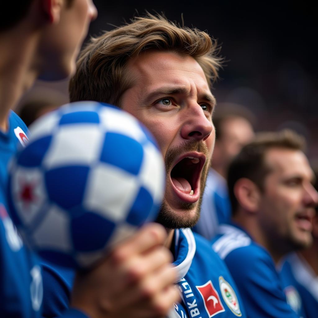 A close-up of a Besiktas fan passionately holding a blue rosario