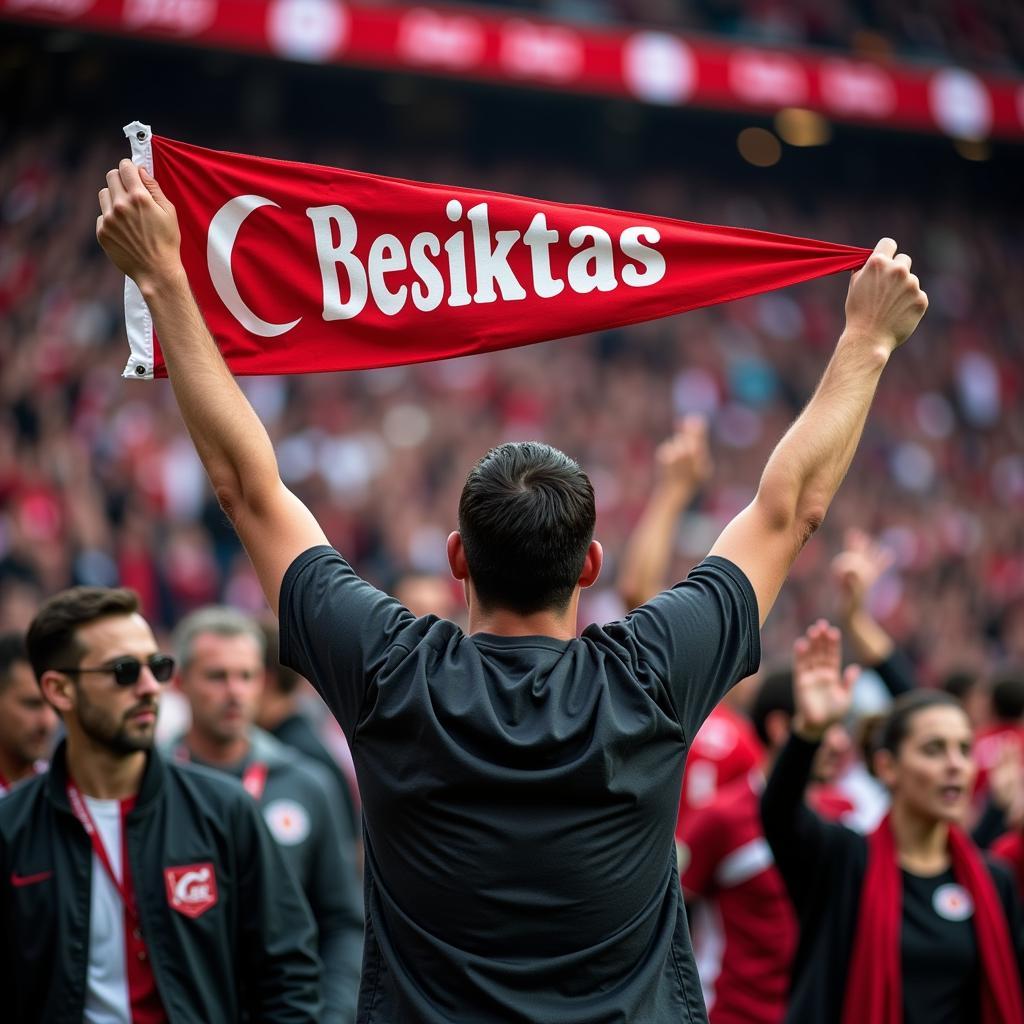 Besiktas Fan Proudly Holding Up a Camp Pennant Flag