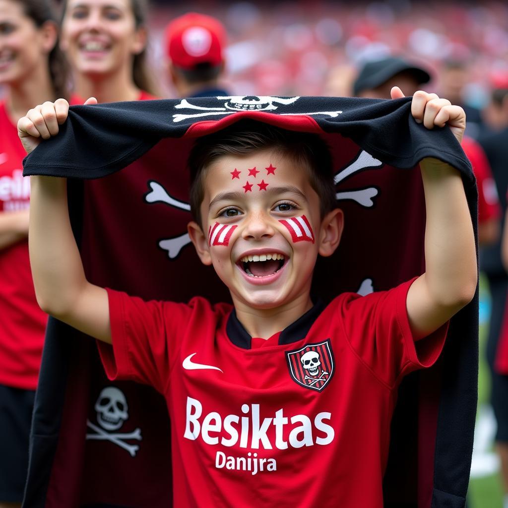 A young Beşiktaş fan proudly holding up a pirate blanket