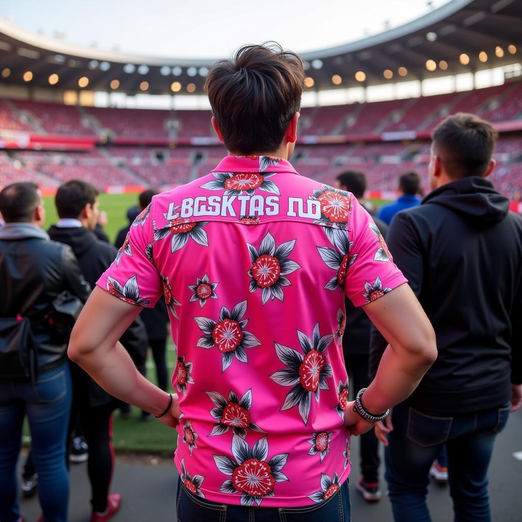 Beşiktaş fan sporting a hot pink Hawaiian shirt at Vodafone Park