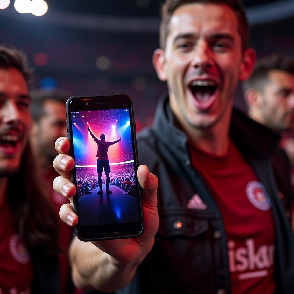 A close-up of a Besiktas fan with their phone displaying a Besiktas performance wallpaper