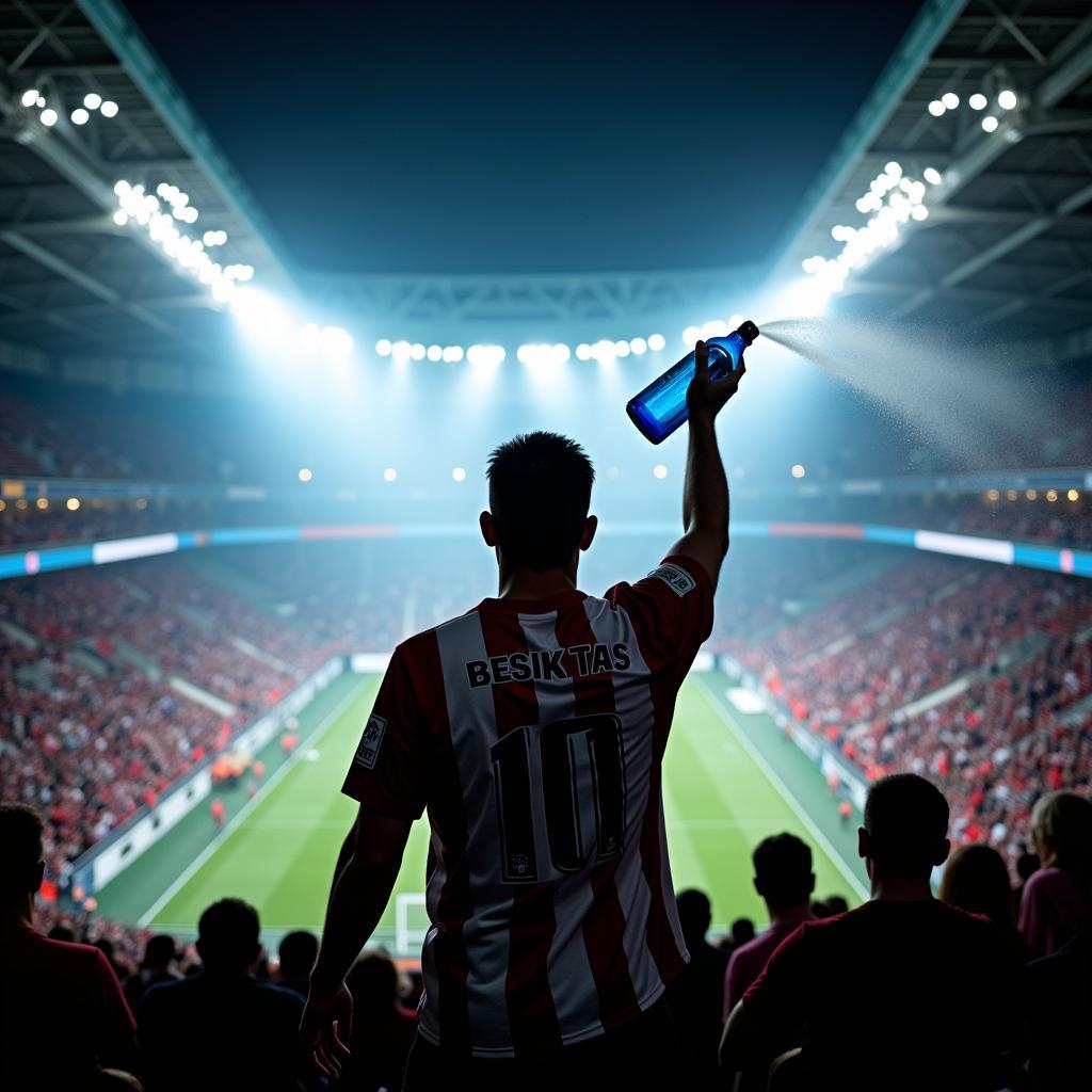 A Besiktas fan spraying water from a blue glass bottle during a match